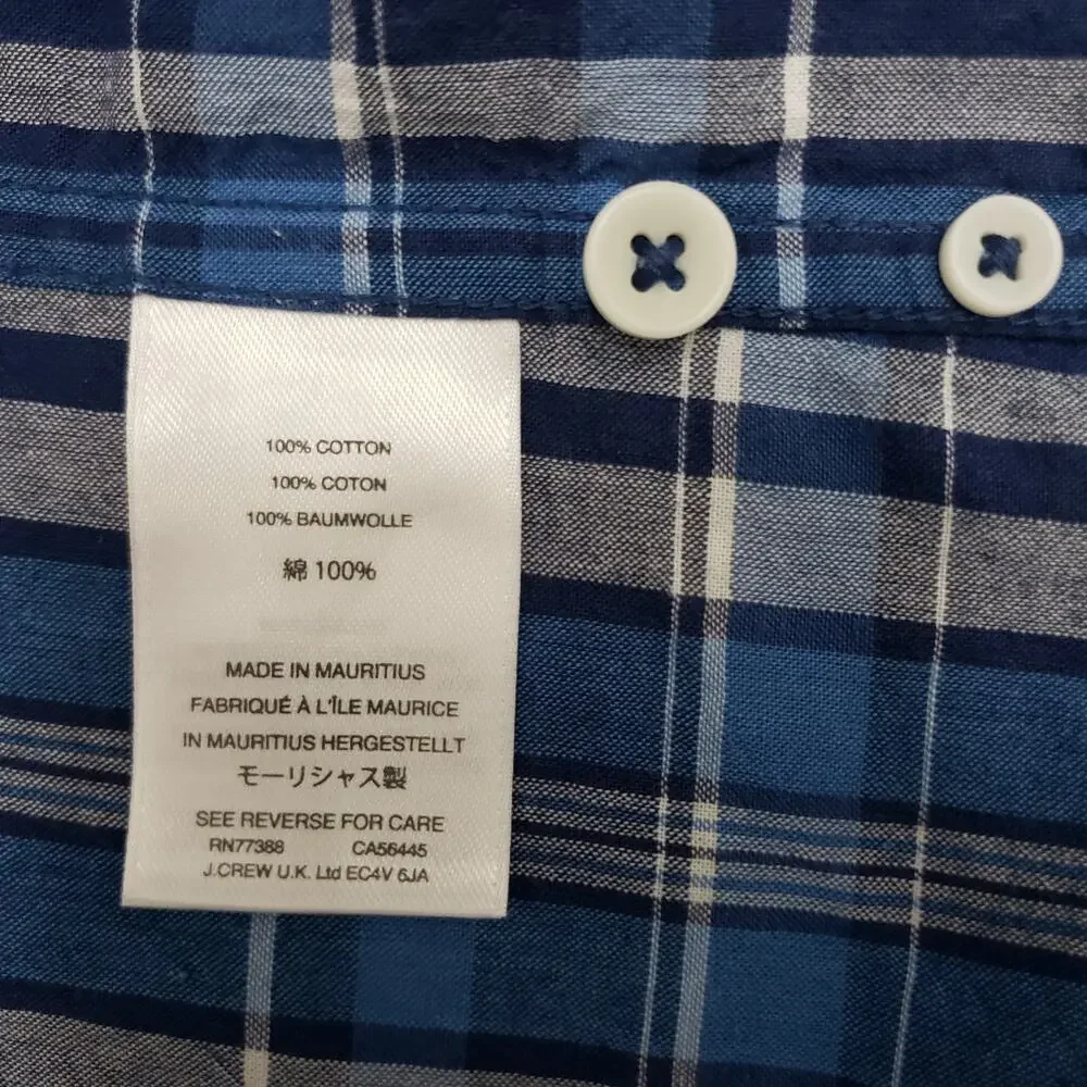J. Crew Banded Collar Mandarin Shirt Indian Madras Slim Fit Blue Gray Plaid S